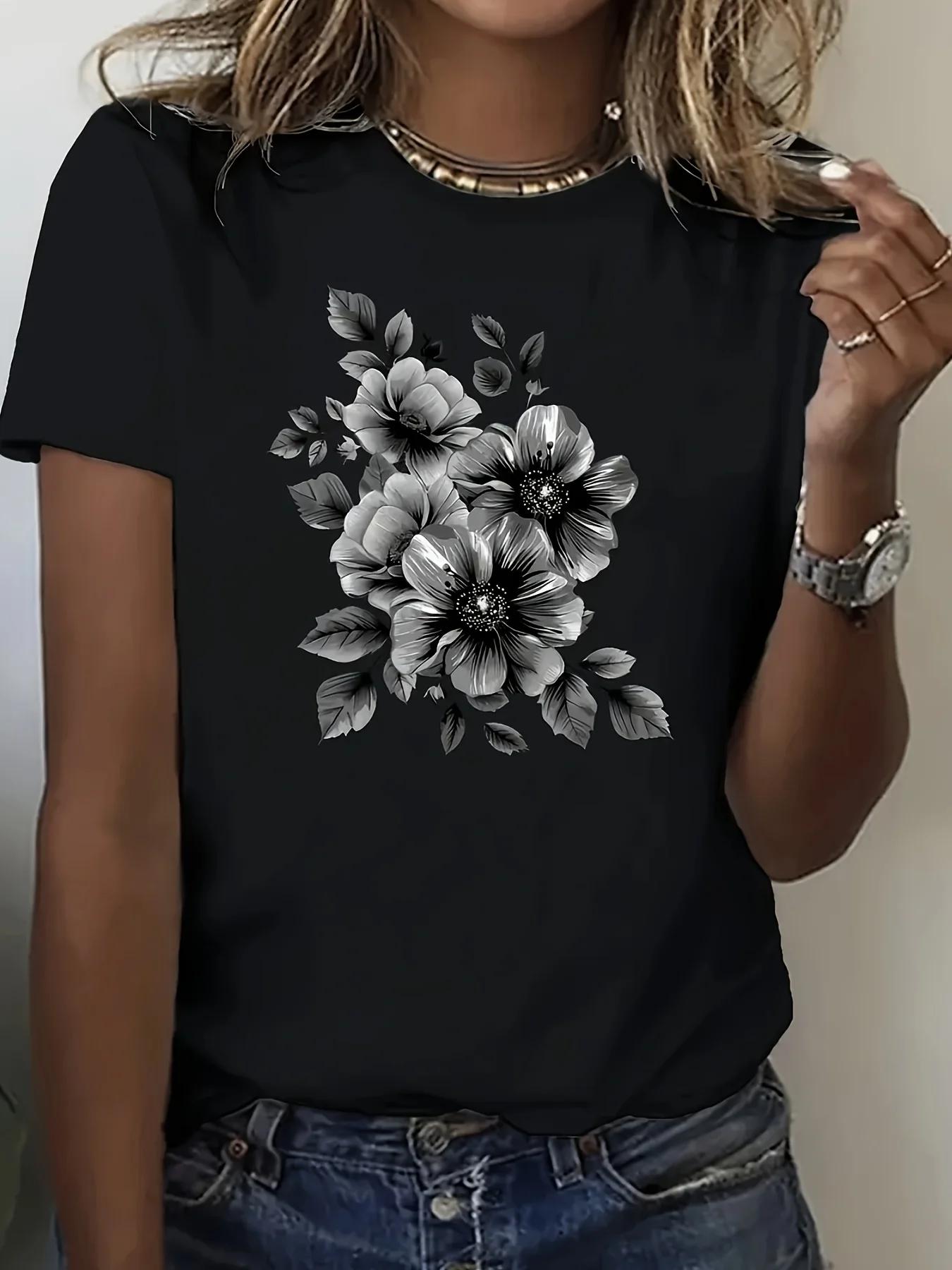 

Top for Spring & Summer Women S Clothing Floral Print Crew Neck T-shirt Casual Short Sleeve O Neck Harajuku Graphic Tshirt Women 4XL