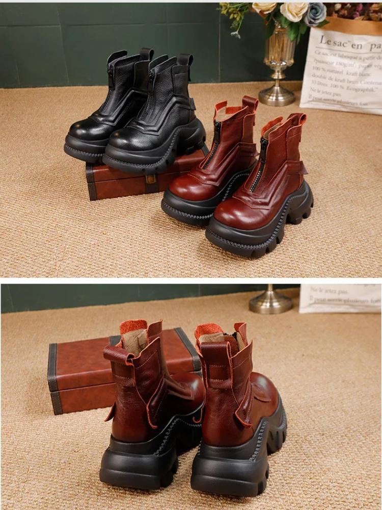Johnature Thick Soled Short Boots Women's Genuine Leather Front Zipper Platform Boots