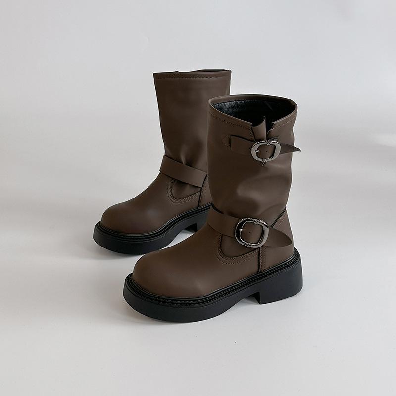Fashion retro leather boots belt buckle Martin boots women's autumn and winter versatile leather casual shoes fashion boots short boots tide