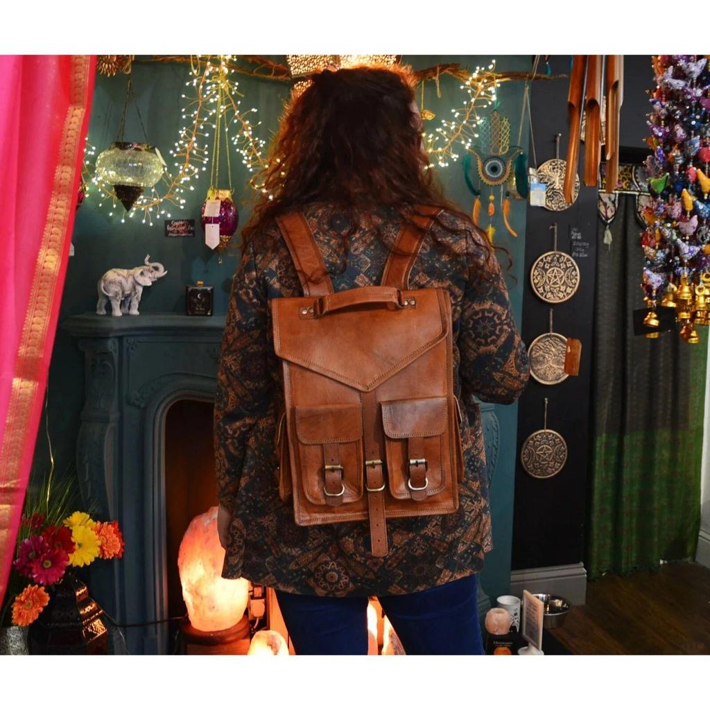 Goat Leather Bag Backpack Laptop Rucksack Vintage Travel Brown Genuine Men's New