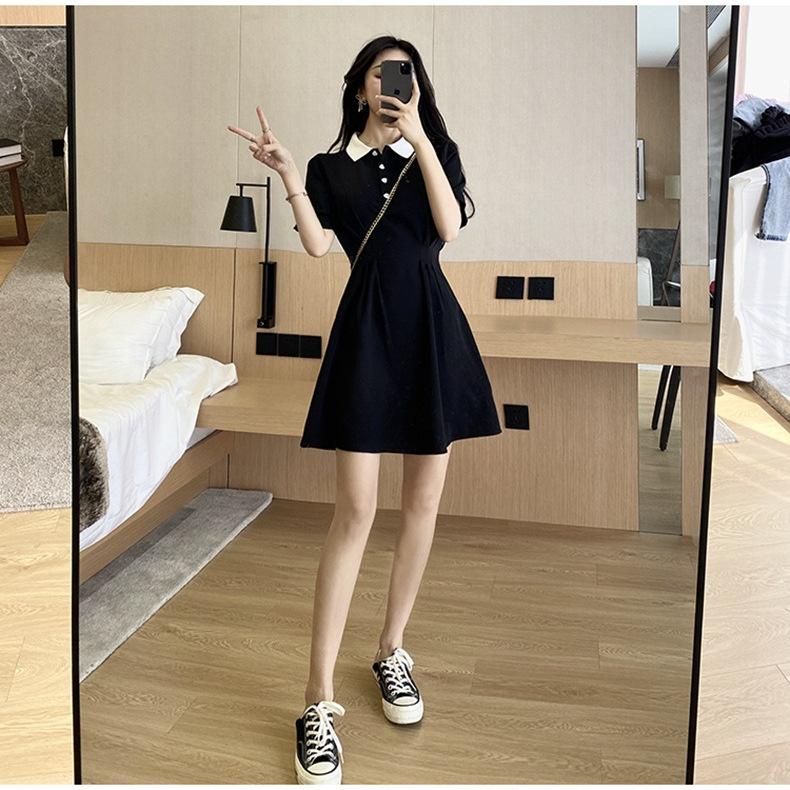 Temperament small black dress new waist polo collar dress small skirt