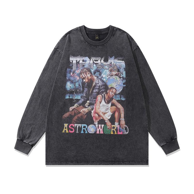 European, American High Street Retro Washed Old Hip-Hop Bottoming Shirt Loose Digital Direct Injection Printing Long-Sleeved T-Shirt Men