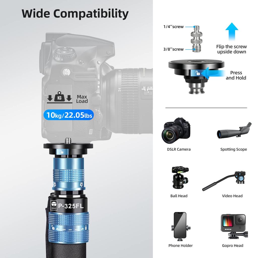 SIRUI Carbon Fiber Monopod with Professional Lightweight Travel Monopod for DSLR Maximum Load of 22 Panoramic 5 Quick Release Plate P-325FL Legs,