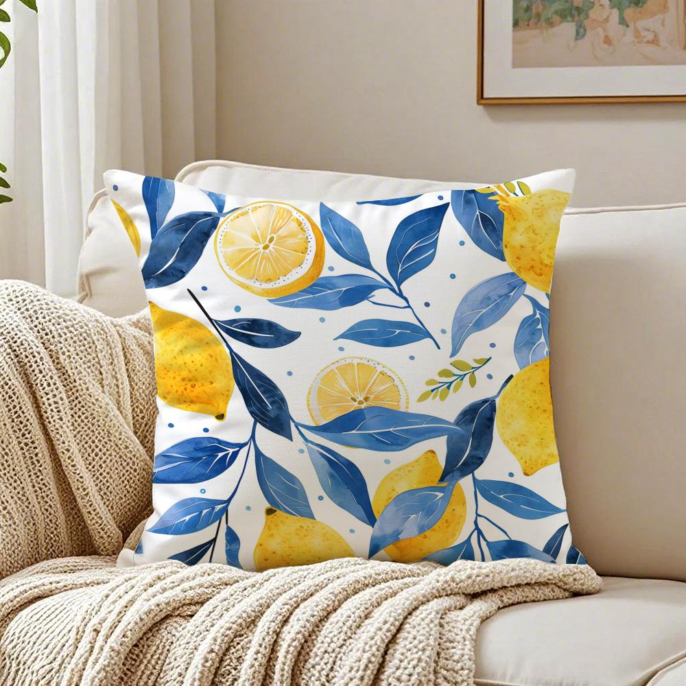 Fresh Elegant Art Blue Watercolor Lemon Cushion Cover Linen Pillowcase Soft  for Sofa Bed Home Room Decor