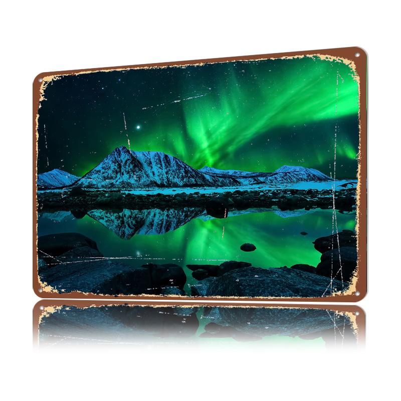 Aurora Borealis Mountains Personalized D Textured Metal Poster Wall Art Vintage Tin Signs for Gaming Room Decoration Cozy House