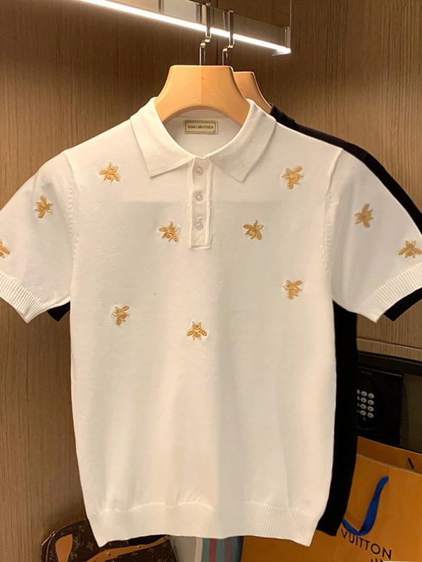 Men's Trendy European Bee Embroidery Knit T-Shirt, Short-Sleeved, Round Neck, Light Luxury Style