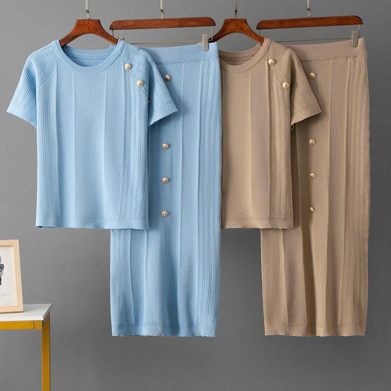 2025 Summer Short-sleeved Versatile Short Knitted T-shirt Top + Half-body Medium and Long Skirt Set