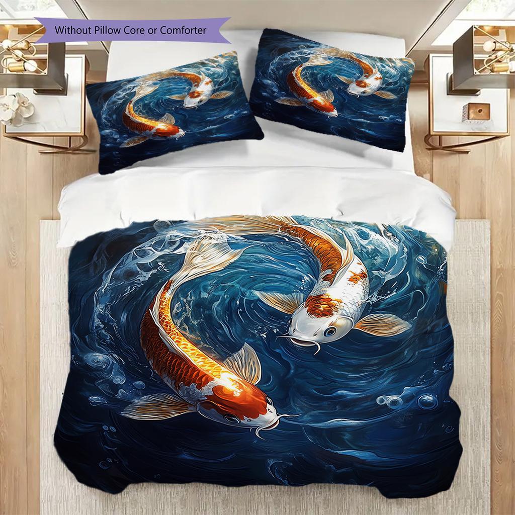 Koi Fish Pattern Bedding Quilt Set Quilt Cover Pillowcase Home Decoration Birthday Gift (1 * Duvet Cover + 2 * Pillowcase, Without Core)