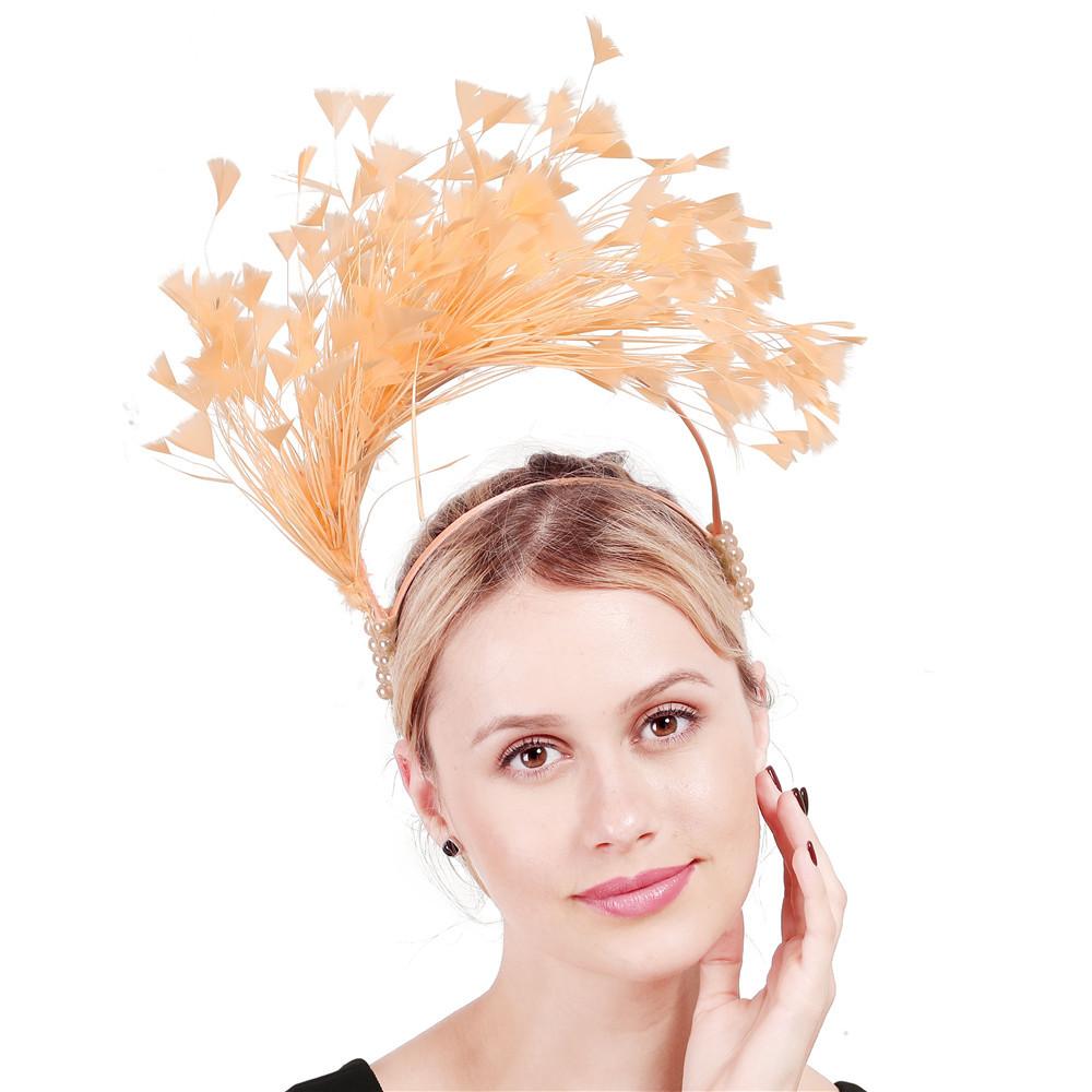European And American Style Feather Flower Headdress Retro Exaggerated Top Hat Champagne Headband Imitation Pearl