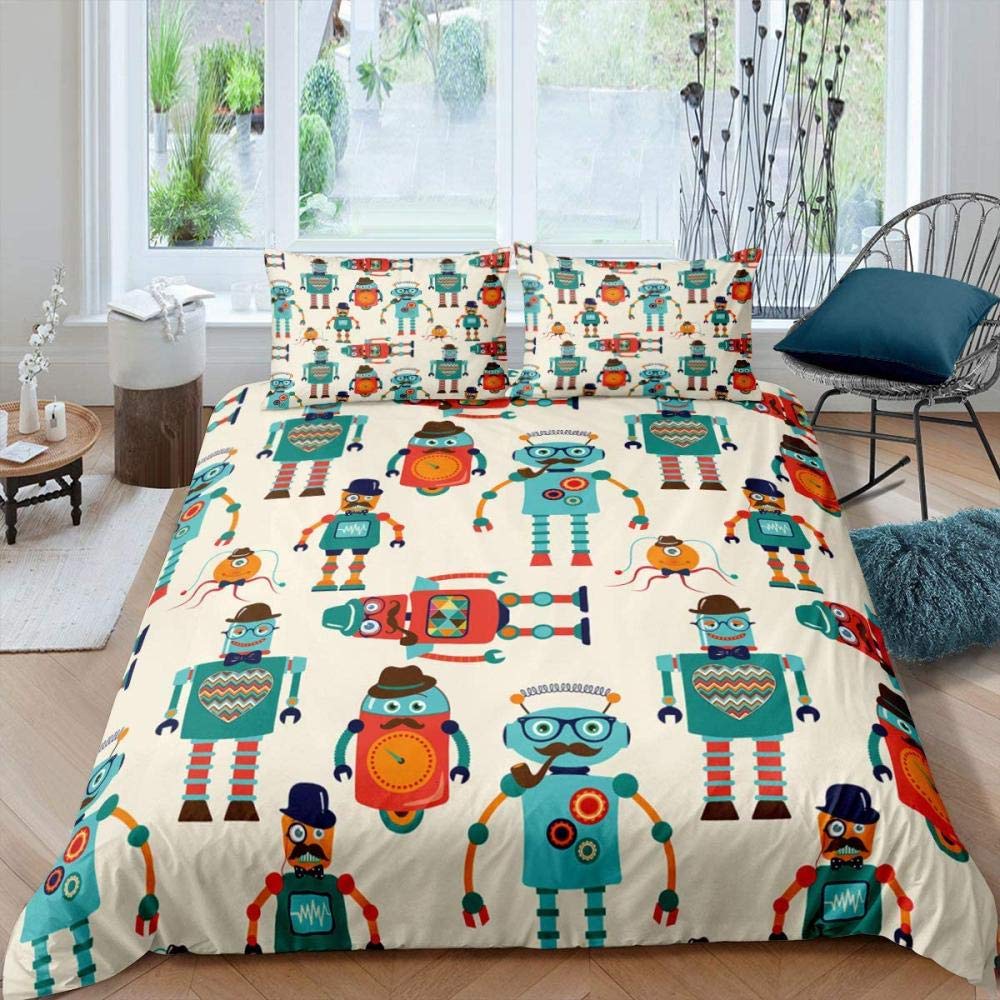 Children Kids Young Boys' King-Sized Dimensionsd Dimensions Beding - Watercolor Robot Soft Duvet Cover Set, 2/3 Pcs Featuring Modern Carton Super
