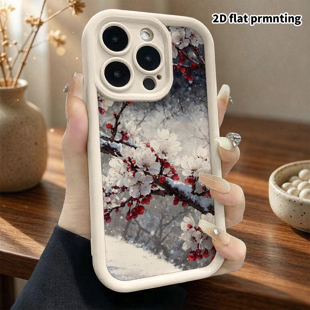 Phone Case: 2D Flat Design Suitable for iPhone 18 17 16 15 14 13 Pro Tiered Protective Case, Falling Snow White Plum, Christmas and Halloween Gift