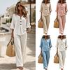 Loose Fit Wide Leg Trousers Summer 2 Piece Sets for Women, Casual Ruffle 3/4 Sleeve Buttons V Pants Women Neck Top And Matching Set, Vacation
