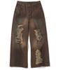 NOT4NERD Distressed Oil Washed Wide Denim Pants - Brown