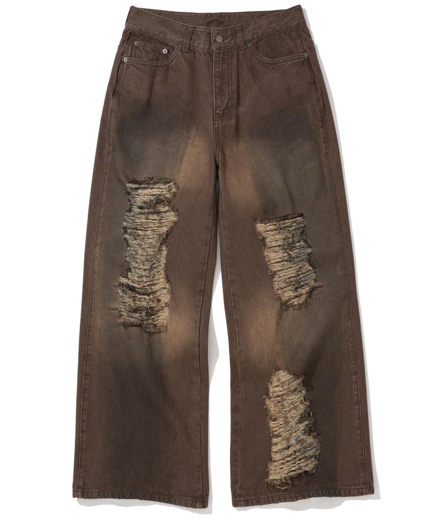 NOT4NERD Distressed Oil Washed Wide Denim Pants - Brown
