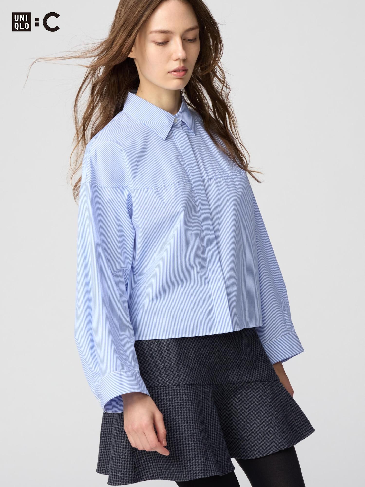 

Uniqlo Хлопковая Короткая Рубашка Длинный Рукав Полоска 63 BLUE/WOMEN 3XL