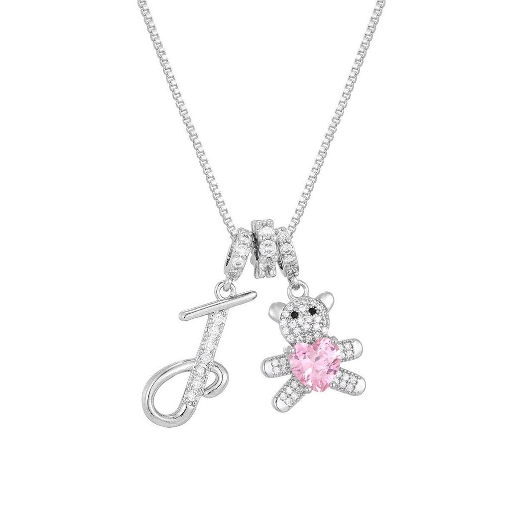Luxurious Teddy Bear Pendant Necklace with Diamond Inlaid 26 English Letters Charm - European and American Fashion Style
