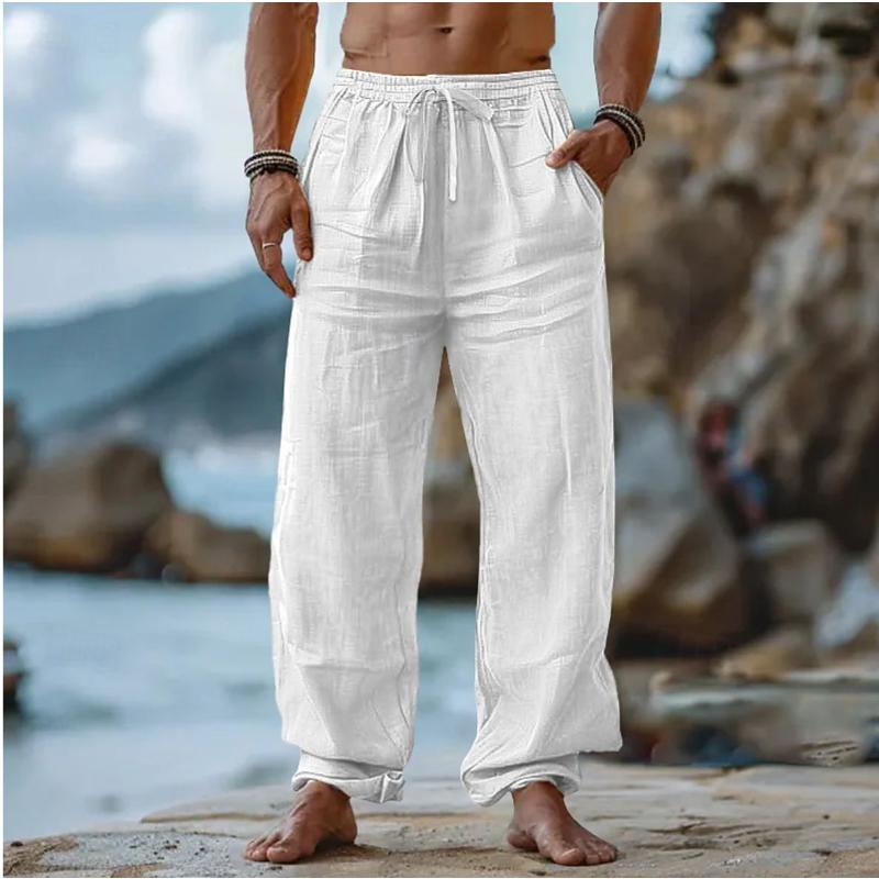 Men Linen Blend Elastic Waist Drawstring Wide Leg Pants