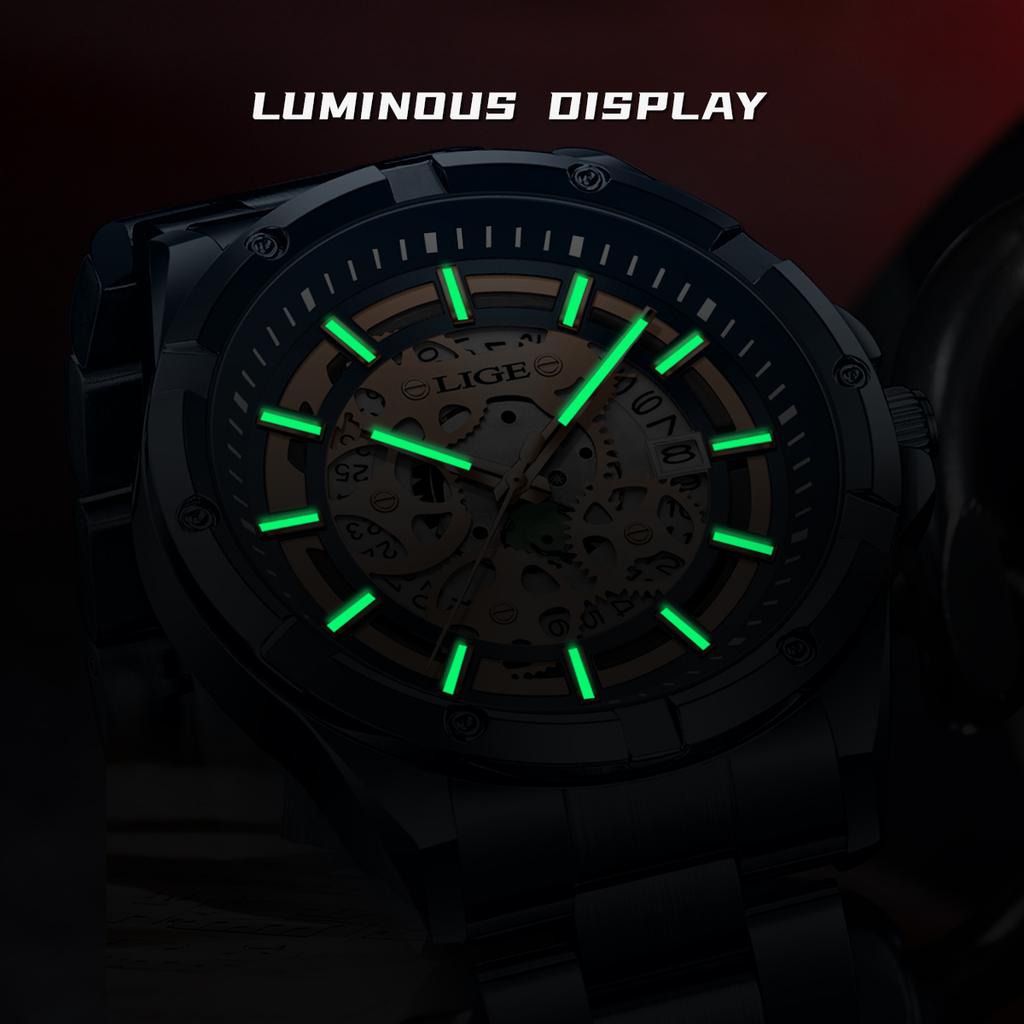 Mens Quartz Watches Top Brand Luxury Stainless Steel Waterproof Hollow Out Male Wristwatches