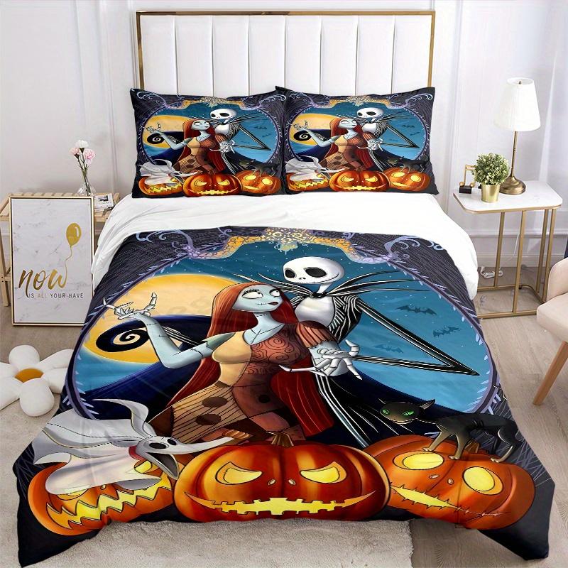 3pcs Halloween Jack And Sally Bedding Set Includes 1 Quilt Cover and 2 Pillowcases, Comfortable Bedding F038