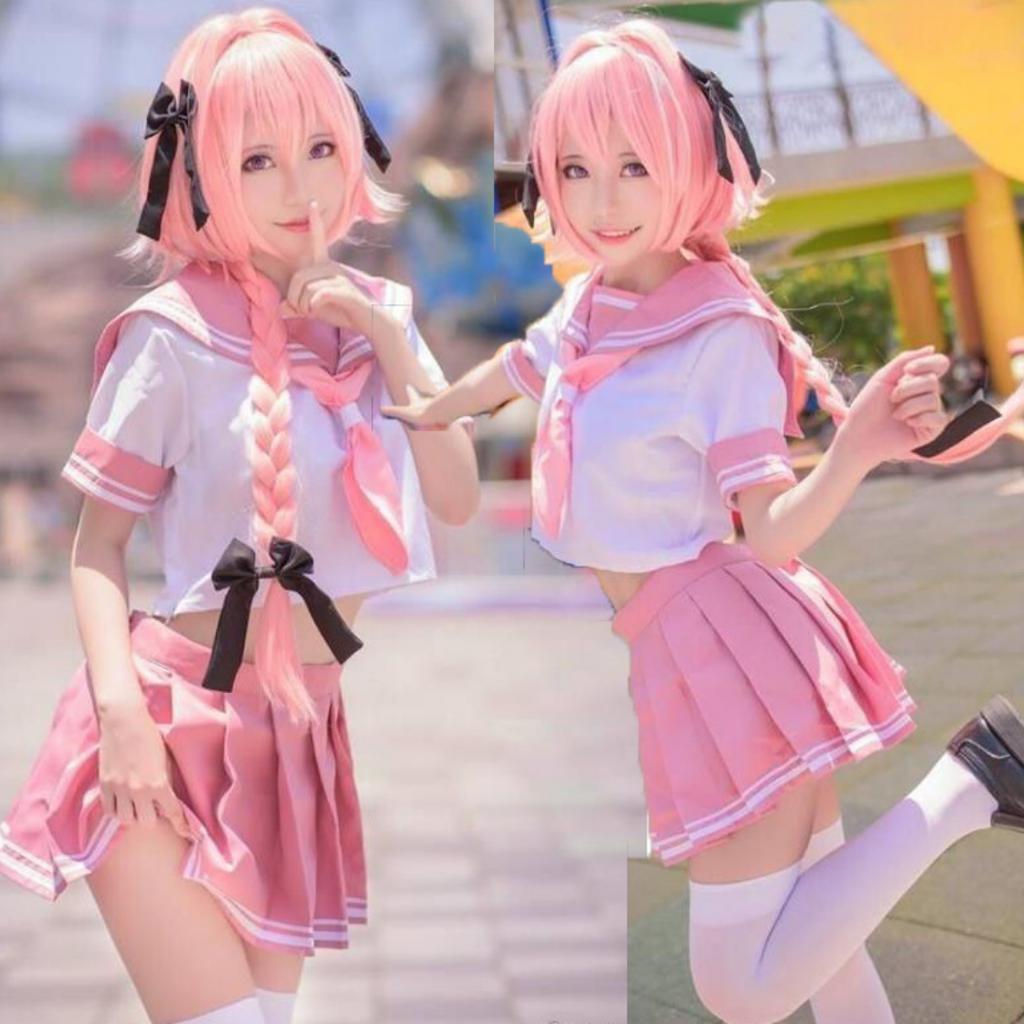 Ensemble Costume Cosplay Astolfo, Tenue Uniforme Marin Rose avec Perruque, Anime Série Fate Costume pour Fête d'Halloween Jeu de Rôle