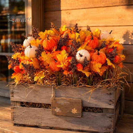 Bouquet Autunnale Artificiale con Zucche in Tessuto Foglie d'Acero Bacche di Grano, Fiori Finti e Decorazioni Autunnali per Centrotavola del Ringraziamento, Stagionale