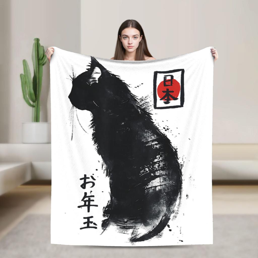 Ukiyo-e Samurai Japanese Ink Art Cat Fashion Blanket Flannel Autumn Winter Vintage Artwork Multifunction Thin Throw Fashion Blanket Bedsprea