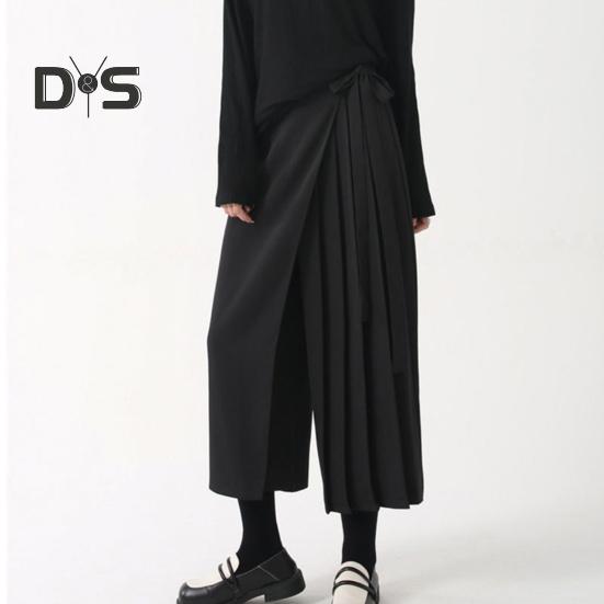 Women Pants Dark Style Black Solid Color Pleated Fake Two piece Irregular High Street Loose Wide Leg Casual Individual Mid calf Length Culottes