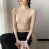 Women's Half-High Collar Ribbed Shirt: Mid-Length Sleeves, High Elasticity, Perfect for Autumn/Winter.