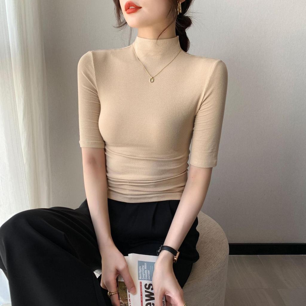 Women's Half-High Collar Ribbed Shirt: Mid-Length Sleeves, High Elasticity, Perfect for Autumn/Winter.