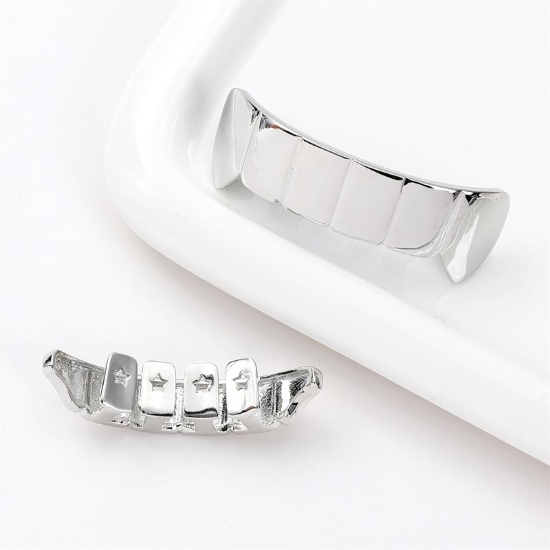 Connected Upper and Lower Tooth Grill Set, Mirror Finish Plated Metal Mouth Jewelry for Party and Stage Styling