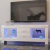 Meuble TV - Blanc Brillant - Avec éclairage LED - 2 tiroirs et étagères en verre