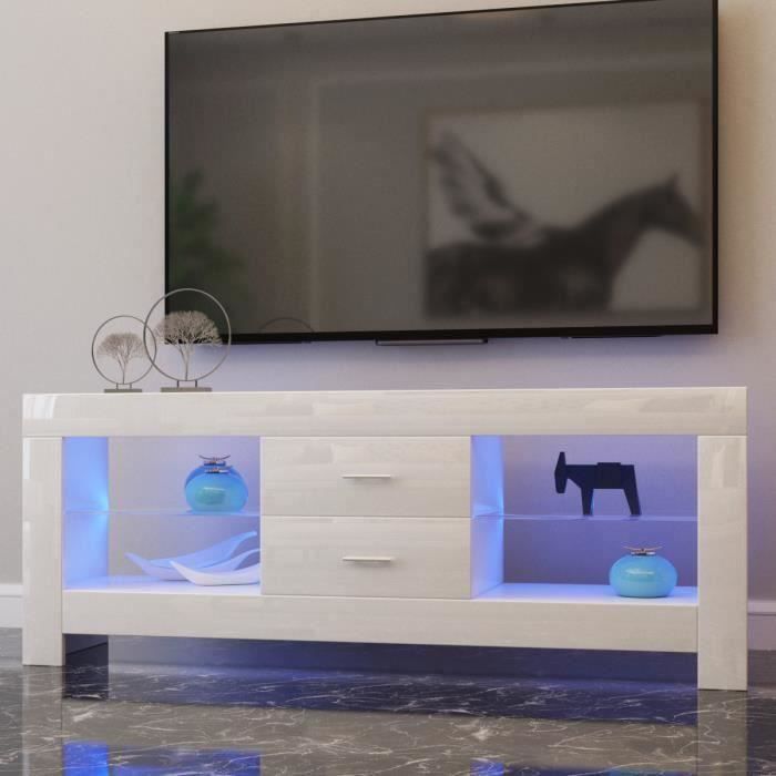 Meuble TV - Blanc Brillant - Avec éclairage LED - 2 tiroirs et étagères en verre