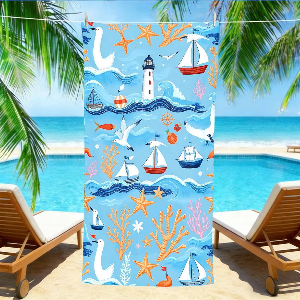

Lighthouse Nautical Beach Towel – Oversized Quick Dry Sand Free with Seagull & Sailboat Print W40*H60(CM)