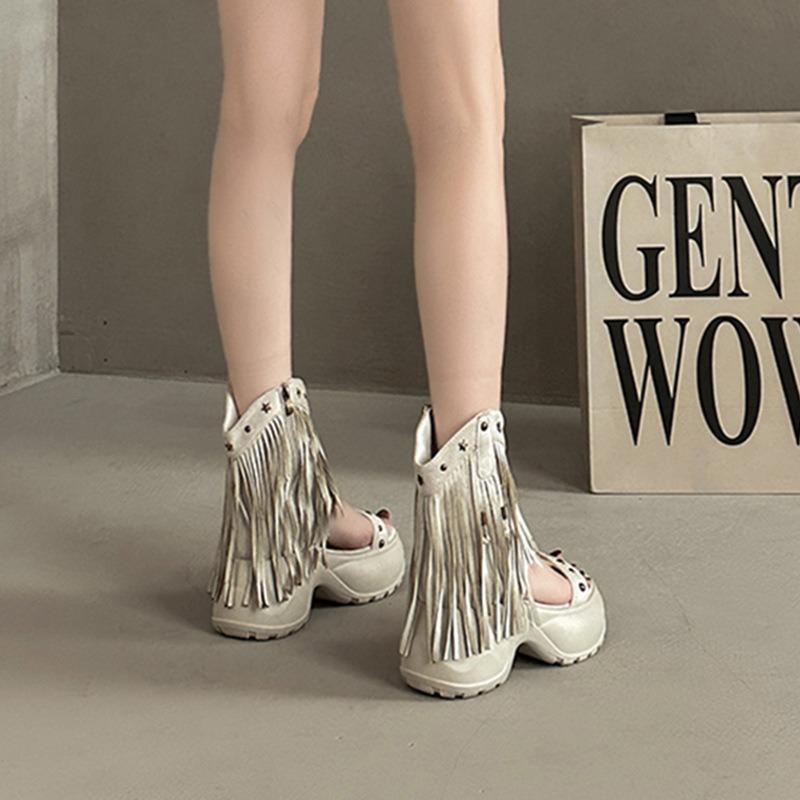 Fashion Women Platform Sandals Trend Roman Wedge Sandals Lady Cutout Booties Straw Stud Zipper Tassel Open Toe Cool Boots Sandalias Muje