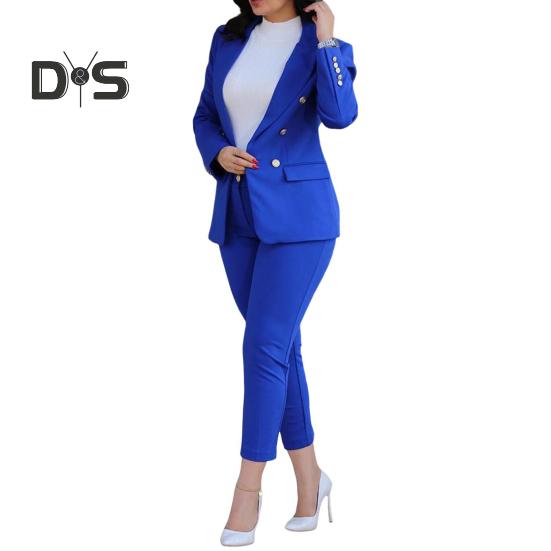 

2 шт./комплект женский формальный пиджак брюки комплект с длинными рукавами двойные пуговицы узкий кардиган талия куртка средней длины прямые брюки с высокой талией формальный деловой XXL королевский синий
