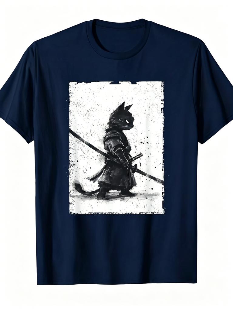 Interesting Unisexs Retro UkiyoE Style Samurai Cat Theme Cotton TShirt Japanese Cat Samurai Art Print ShortSleeved Shirt