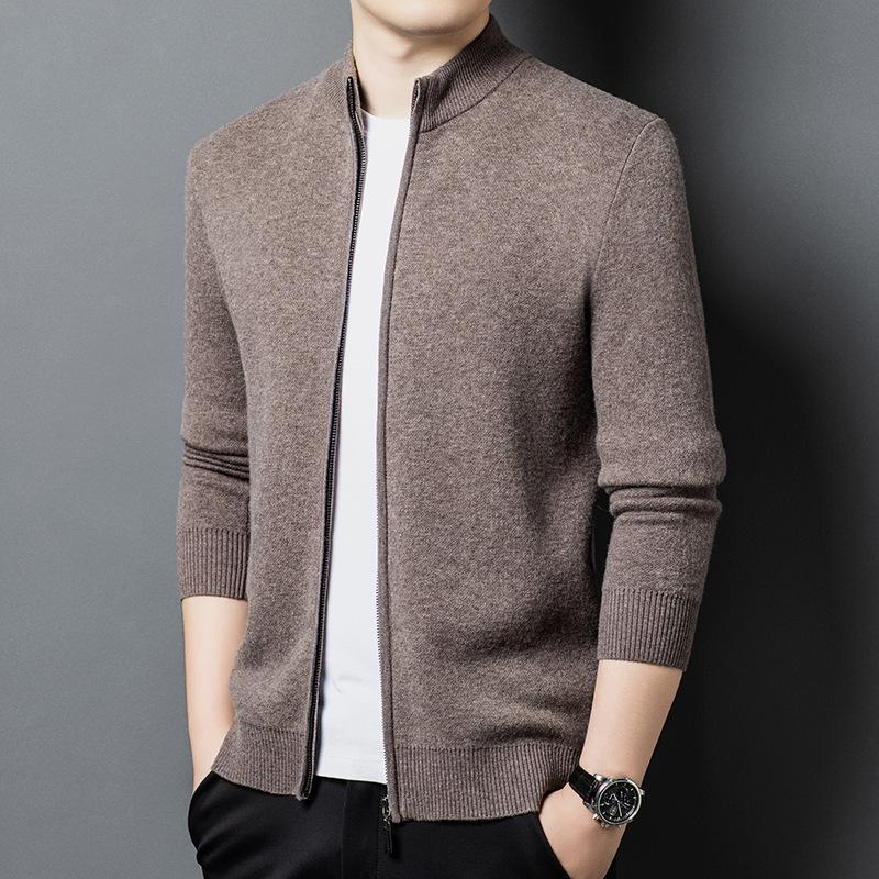 Märkes herrkofta i 100 % ull med dragkedja, avslappnad och mångsidig, tjock varm stickad plagg för unga och medelålders män