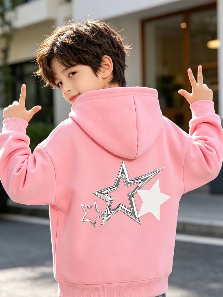 Navy Blue Boys Hoodie Silver Star Back Print Long Sleeve Pullover Sweatshirt Casual Sport Fashion Kids Children Tops For Autumn Daily Outdoor Wear