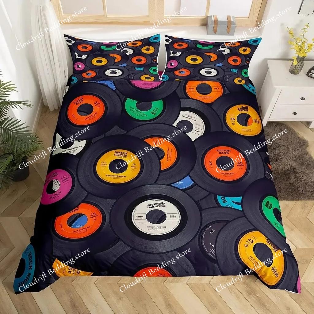 Musical Bedding Set Queen Size Music Theme Bedding Duvet Cover Set for Boys Decor Disc Comforter Cover Set Record Quilt Cover