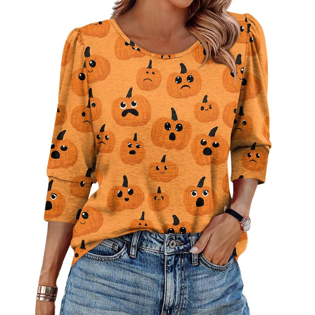 Dámský módní ležérní top s kulatým výstřihem a sedmíčtvrtečním rukávem s halloweenským potiskem a balónovým rukávem