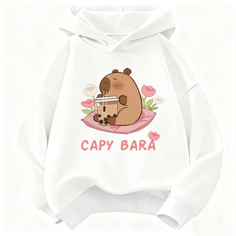 Kawaii Capybara Drinking Juice Hoodie Kids Flower Children's Sweatshirt Hoody for Boys Girls Casual Hoodies Clothes