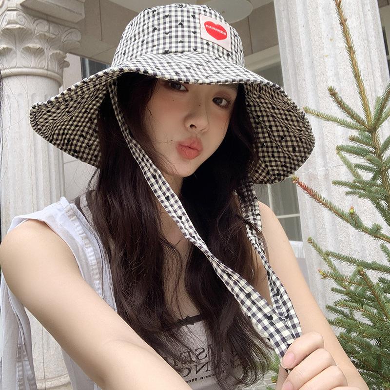 Love Patch Strap Fisherman Hat Sweet Checked Fisherman Hat Large Brim UV Foldable