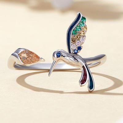 New Elegant Copper Color Hummingbird Opening Ring Colorful Zircon Adjustable Rings for Women Wedding Party Jewelry Birthday Gift