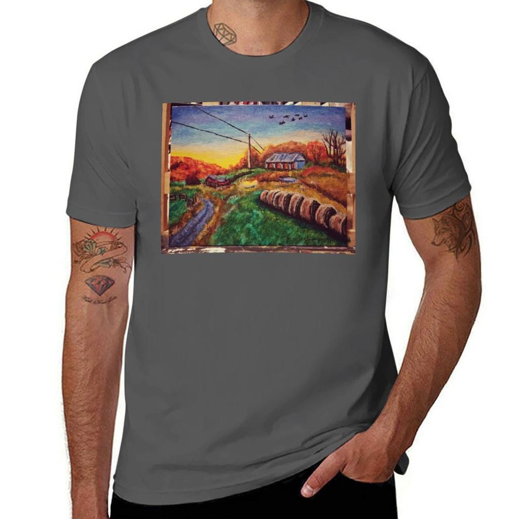 Autumn Farm Painting Tshirt Basic Lightweight Short Sleeve Tee
