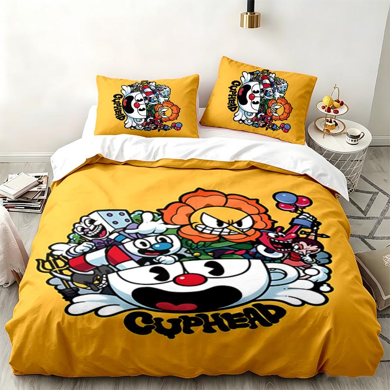 Set 3 pezzi Cuphead Perfetto per la camera da letto Set letto confortevole include una copripiumino e due federe Ideale regalo di compleanno o di Natale
