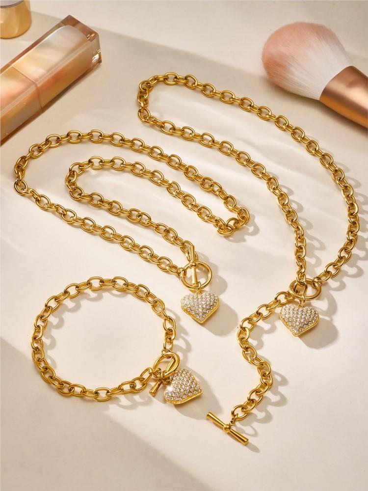 Stainless Steel Chain Necklace Matching Bracelet For Women 18k Gold Plated Non Tarnish Women's Heart Pendant Necklaces Bracelets