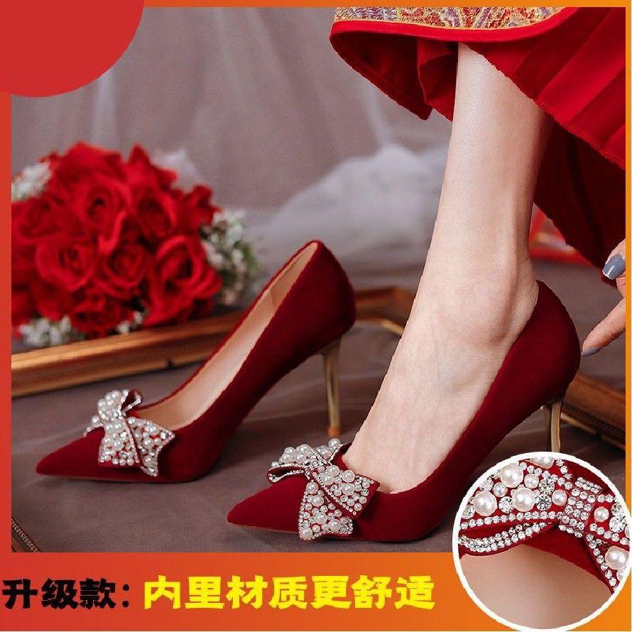 Wedding Shoes Women's Bow High Heel Bride Shoes Red Show Clothes Wedding Dress Dual-purpose Wedding Shoes Toasting Not Tired Feet Single Shoes
