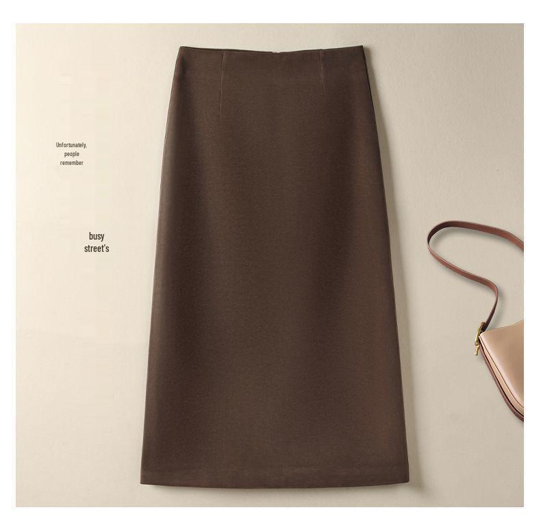 2025 Wool High-Waisted Black Slit Mid-Length Skirt - Autumn/Winter Slimming Style