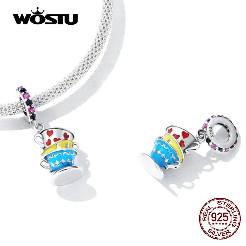 WOSTU 925 Sterling Silver Cute Magic Teacup Pendent Charms Beads for Women Fit Original DIY Bracelet Necklace Birthday Jewelry