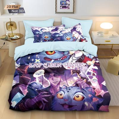 K-Pop Cat Bedding Set Demon Hunters Themed Colorful Blue Print Polyester Student Dormitory Duvet Cover Kid Gift